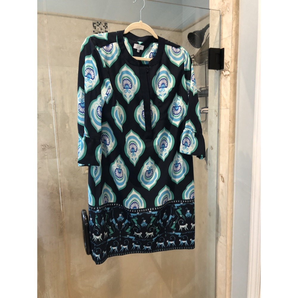 Crown & Ivy Women 10 Tunic Dress Rainforest Blue Green Monkey Trellis New